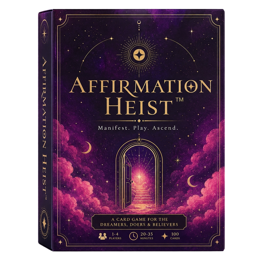 Affirmation Heist card game box — a mystical purple and gold deck for dreamers, doers and believers